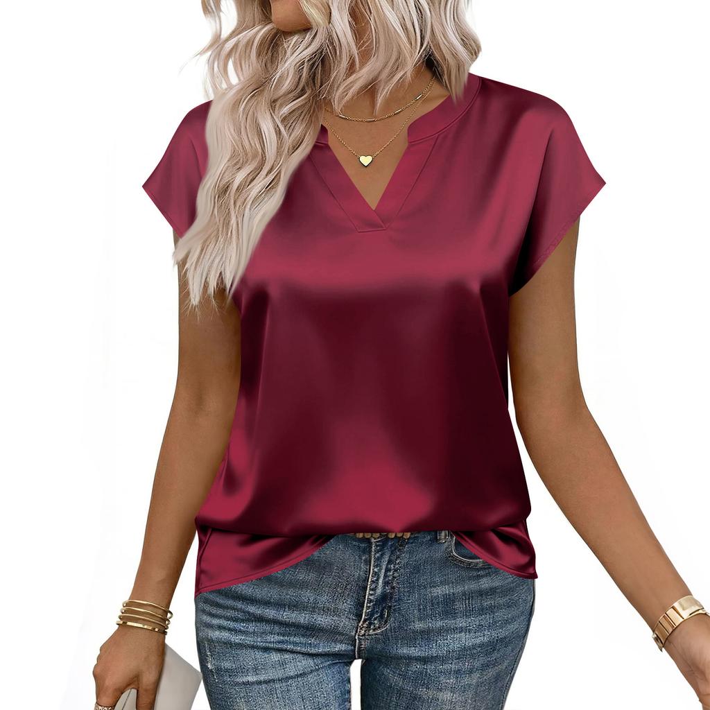 Damesblouse van satijn: Zomershirt met V-hals, losvallende casual top