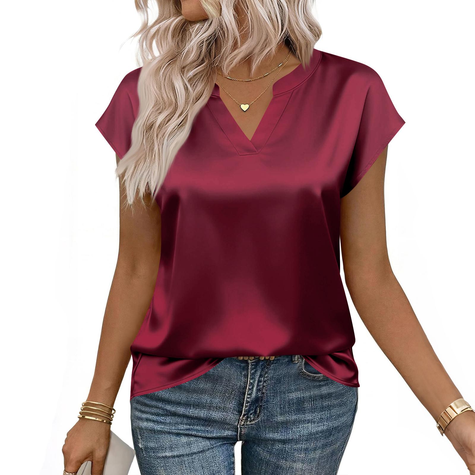 Women s Satin Blouse: Summer Shirt, V-Neck, Loose-Fit Casual Top S красный
