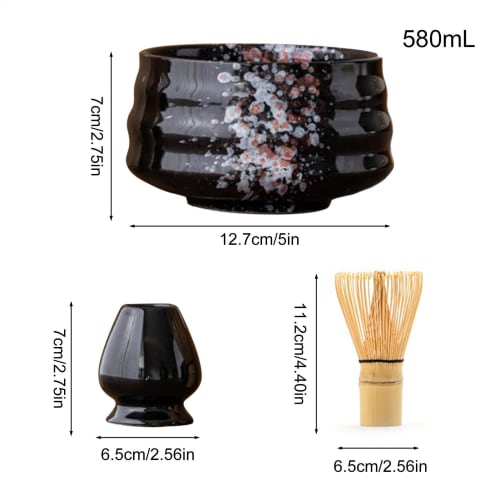 This 4-piece tea ceremony set includes a tea whisk, a 100-piece tea whisk holder, a straightening tool, a tea scoop, and a matcha bowl. It's compact a
