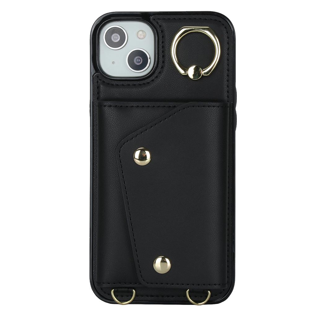 For iPhone 15 Zipper Wallet Phone Case PU Leather+TPU Ring Kickstand Back Cover with 2 Straps
