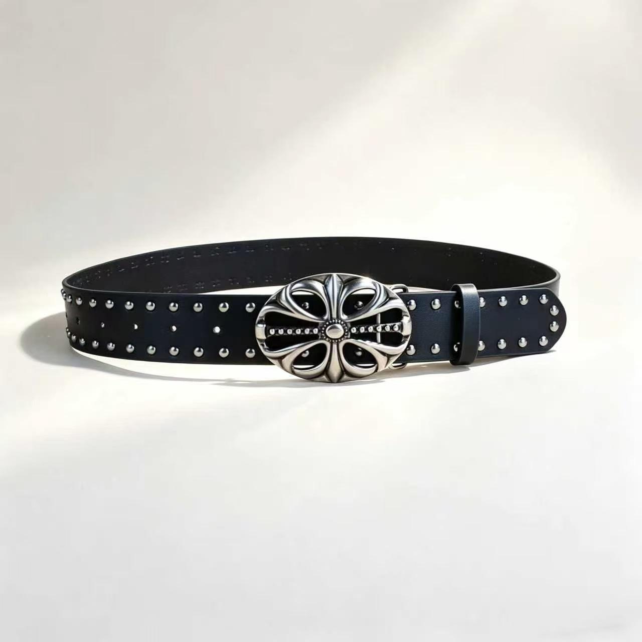 Women s Retro Punk Rivet Belt - Cross Metal Buckle Cowhide Leather