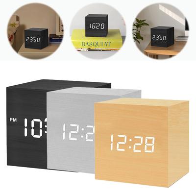 Wooden Digital Alarm Clock Voice Control Electronic Desktop Clock USB/Battery Powered LED Clock Art Ornament for Home Decoration