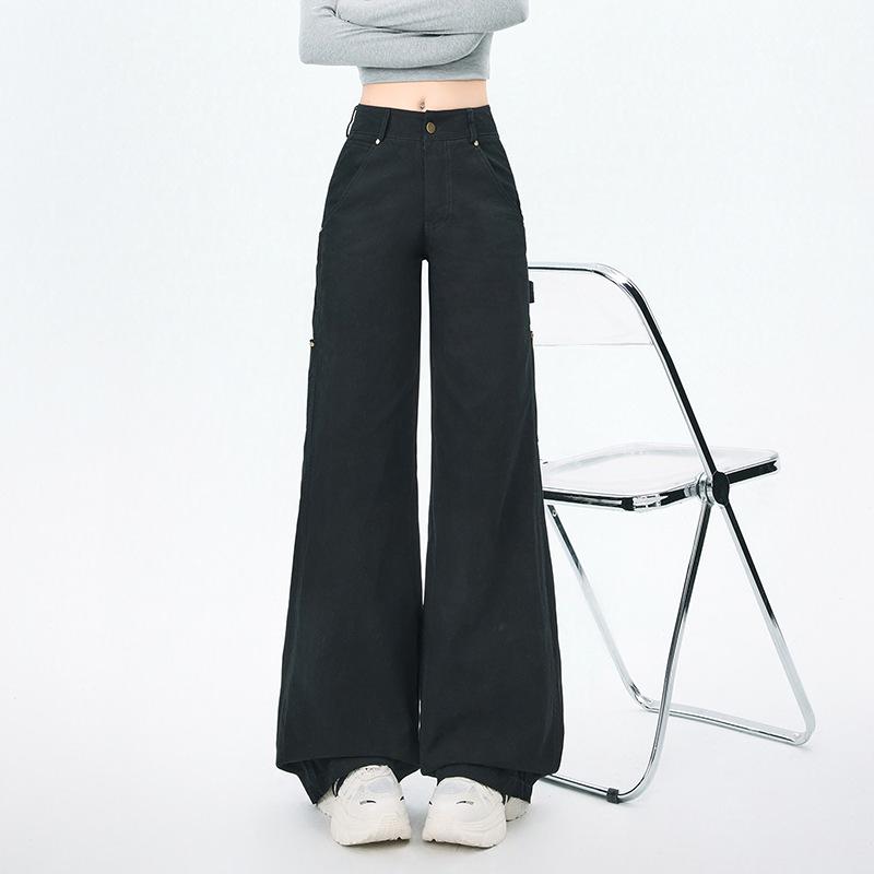 Women s Spring Khaki Multi-Pocket Retro Wide-Leg Flare Jeans M