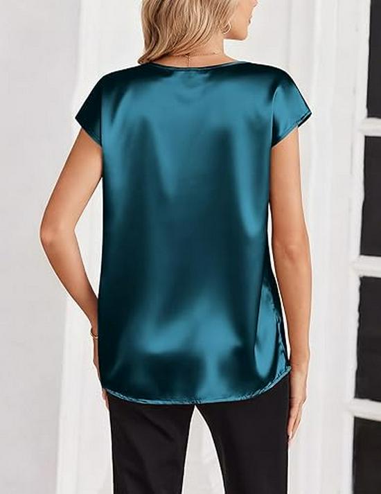 Women's Solid Color Satin V-Neck T-Shirt - Spring/Summer Casual Business Top