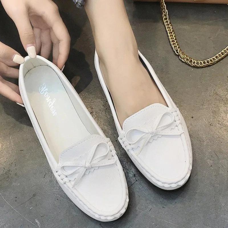 White Round Toe Woman Flats Slip-on with Bow Elegant Dress High Quality Fashion Quick Delivery Luxury Brand Y2k Shoes for Women