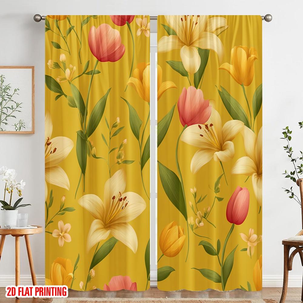 2pcs,2D plane printing Curtains Digital Printed Yellow Floral Harmony Versatile 100% Polyester (without rod) Decorations Outdoor
