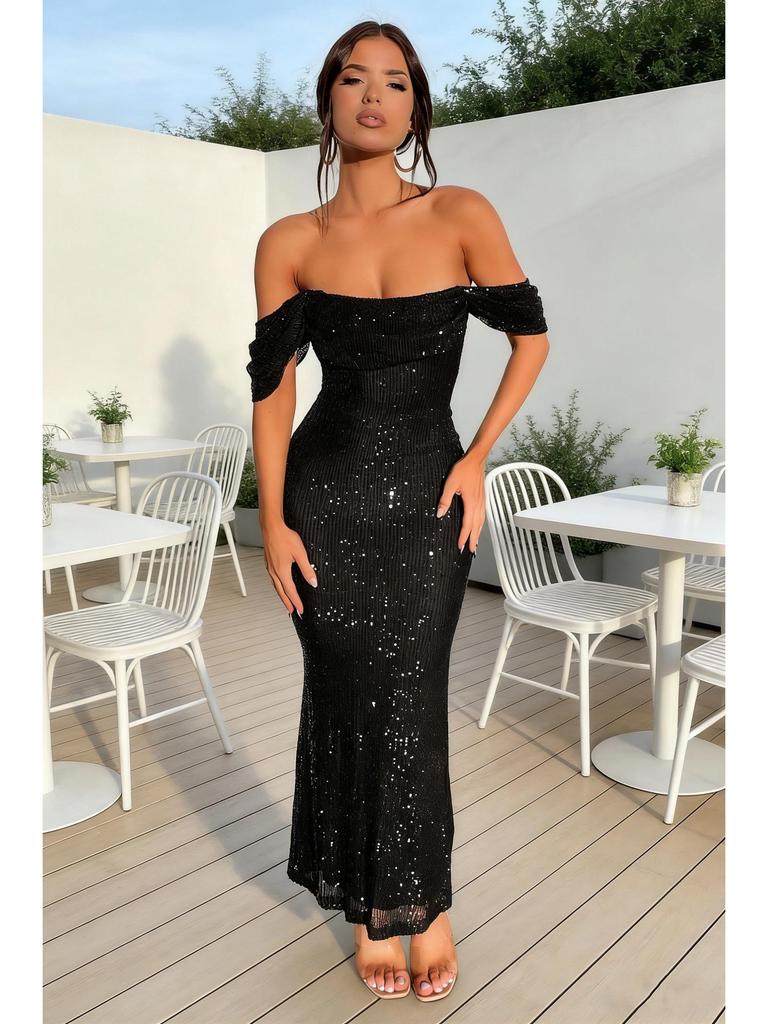 2026 European Sequin One-Shoulder Slit Dress - Women's Casual Fashion