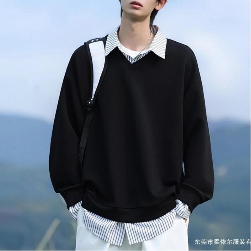 

New Spring and Autumn Style Design Feel Loose and Versatile Splicing Fake Two-piece Long-sleeved Sweatshirt Men s Black Top M чёрный