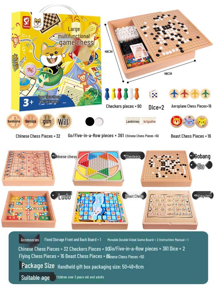 Educational Multifunctional Wooden Board Game Set: Go, Five-in-a-Row, Checkers, and Ludo for Kids