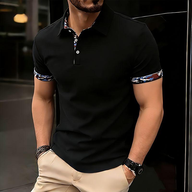 Summer Men's Solid Color Splicing Polo Shirts Short Sleeve Breathable Casual Contrast Color Lapel Collar Streetwear Basic Tops