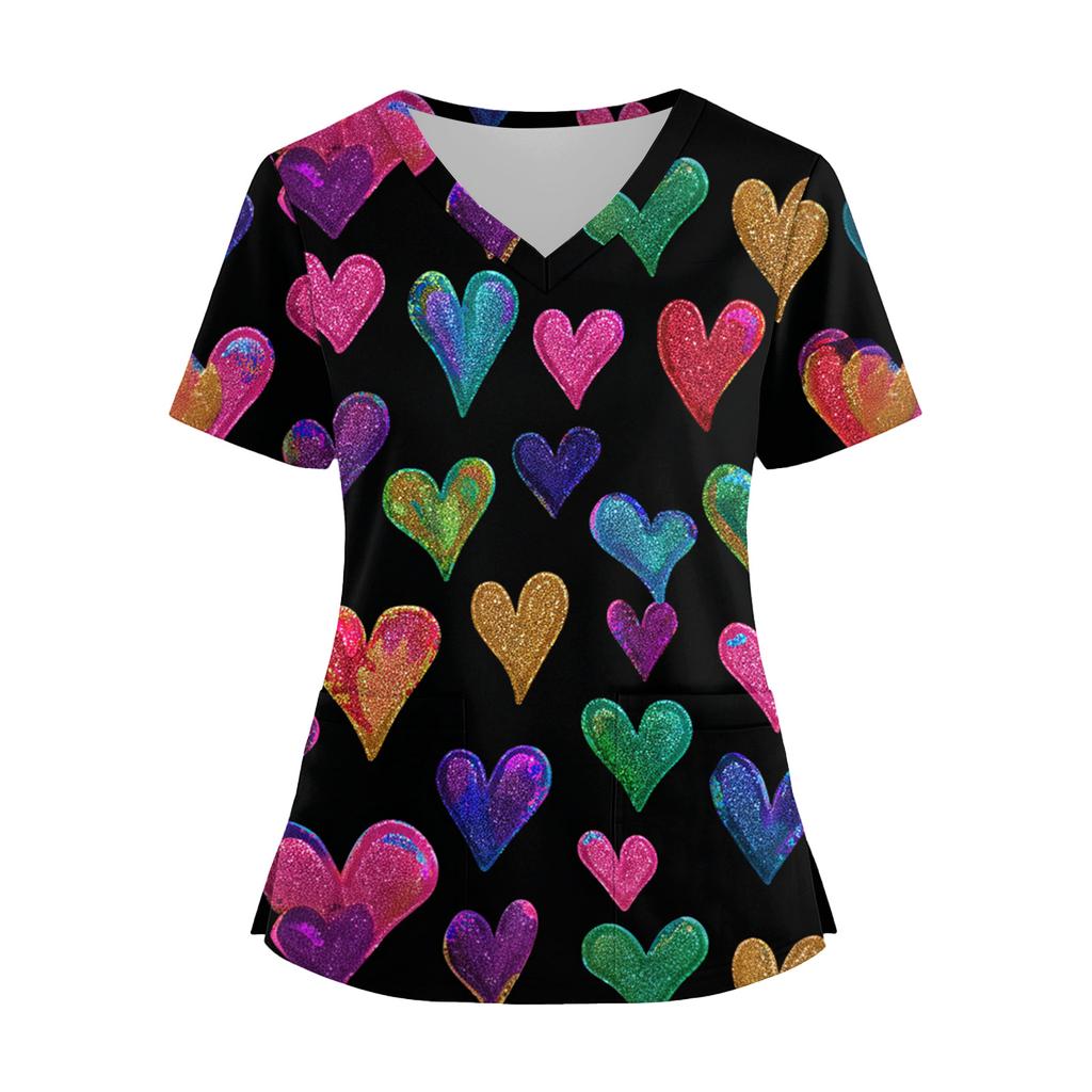 Damenmode V-Ausschnitt Kurzarm Overalls mit Taschen Print Tops Kleidung