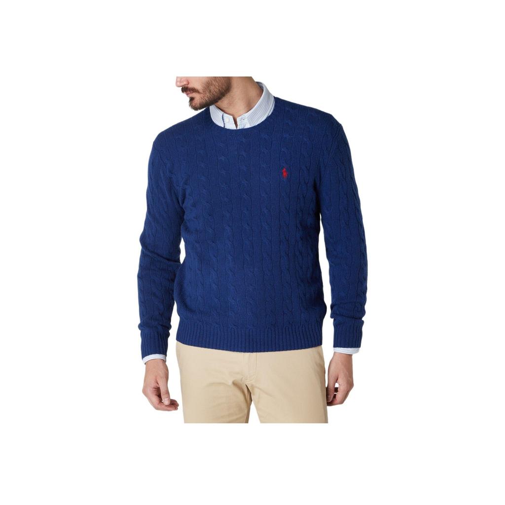 Polo Ralph Lauren FW24 Pony Logo Embroidered Cable Knit Wool Crew Neck Sweater Men sweater Dark-Blue MNPOSWE16820171-401