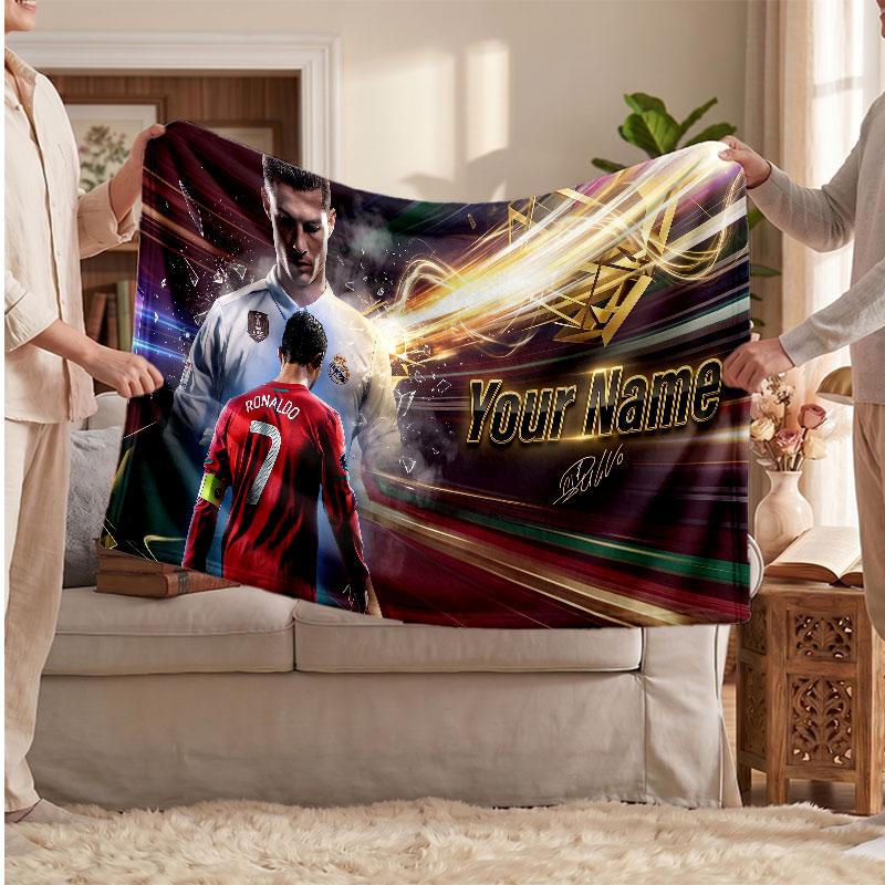 Cristiano Ronaldo Personalized Fleece Blanket With Football Logo, Custom Name Text Soft Warm Home Throw Blanket