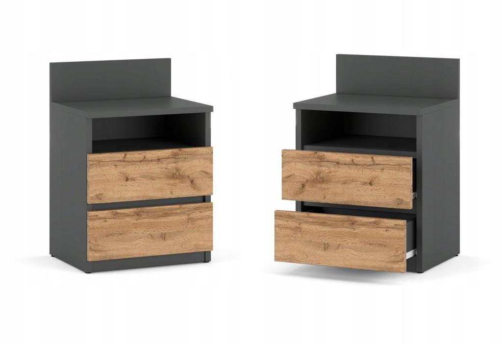 Bedside Table 40cm Gray Oak Wotan 2 Drawers Shelf For Bedroom