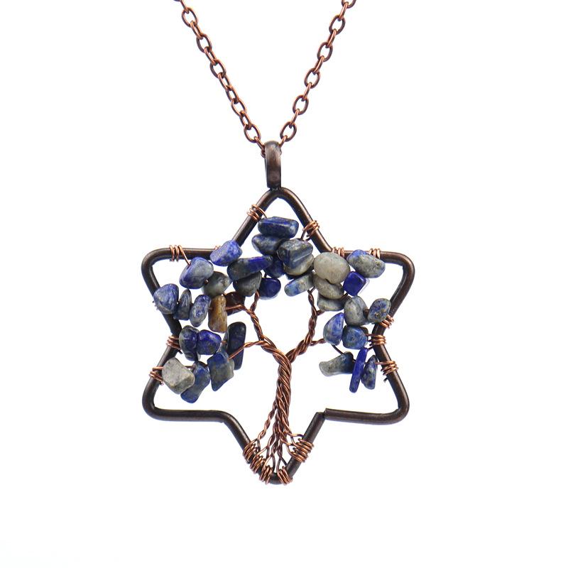 Handmade Wire Wrapped Six-Pointed Star Tree of Life Necklace with Natural Crushed Stone Crystal Beads