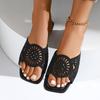 Fashion Bohemian Hollow Out Breathable Slides Women Summer Solid Black Glitter Flat Heel Slippers Elegant Square Toe Sandals Size 43