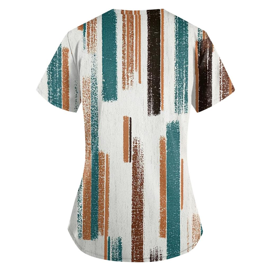Plus SizePrinted Scrub Working Uniform Tops For Women's Cross V-Neck Print Short Sleeve Fun T-Shirts Workwear Tee With Pockets