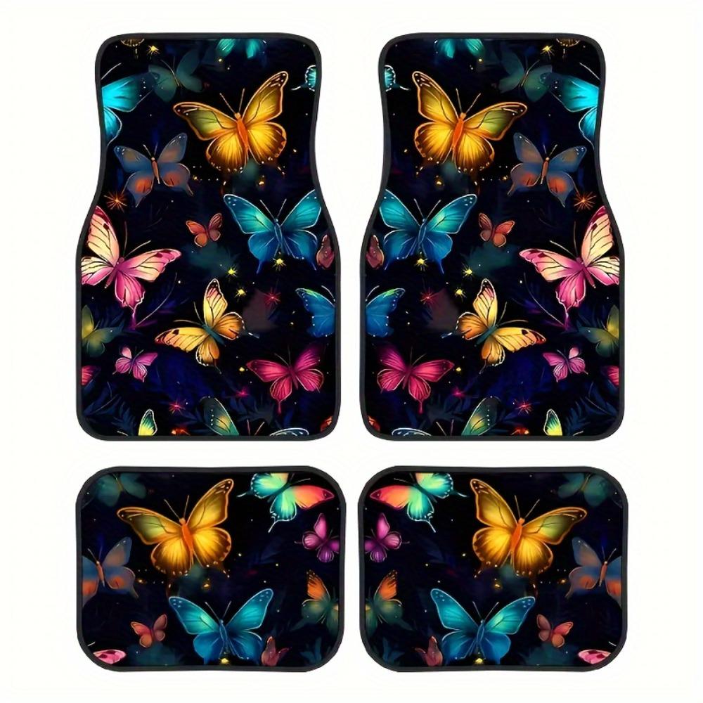 4 шт. Универсальный комплект автомобильных ковриков | 3D-печать, яркий узор с бабочками, нескользящие, моющиеся, стильный аксессуар для интерьера автомобилей, грузовиков, внедорожников 4pcs