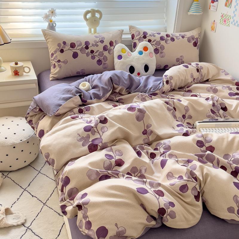 4Pcs Set Class A Maternal Infant Grade Small Fresh Grinding 4-Pcs Set Skin-Friendly Bed Sheet Washed Cotton Quilt Cover Dormitory 3-Piece Set