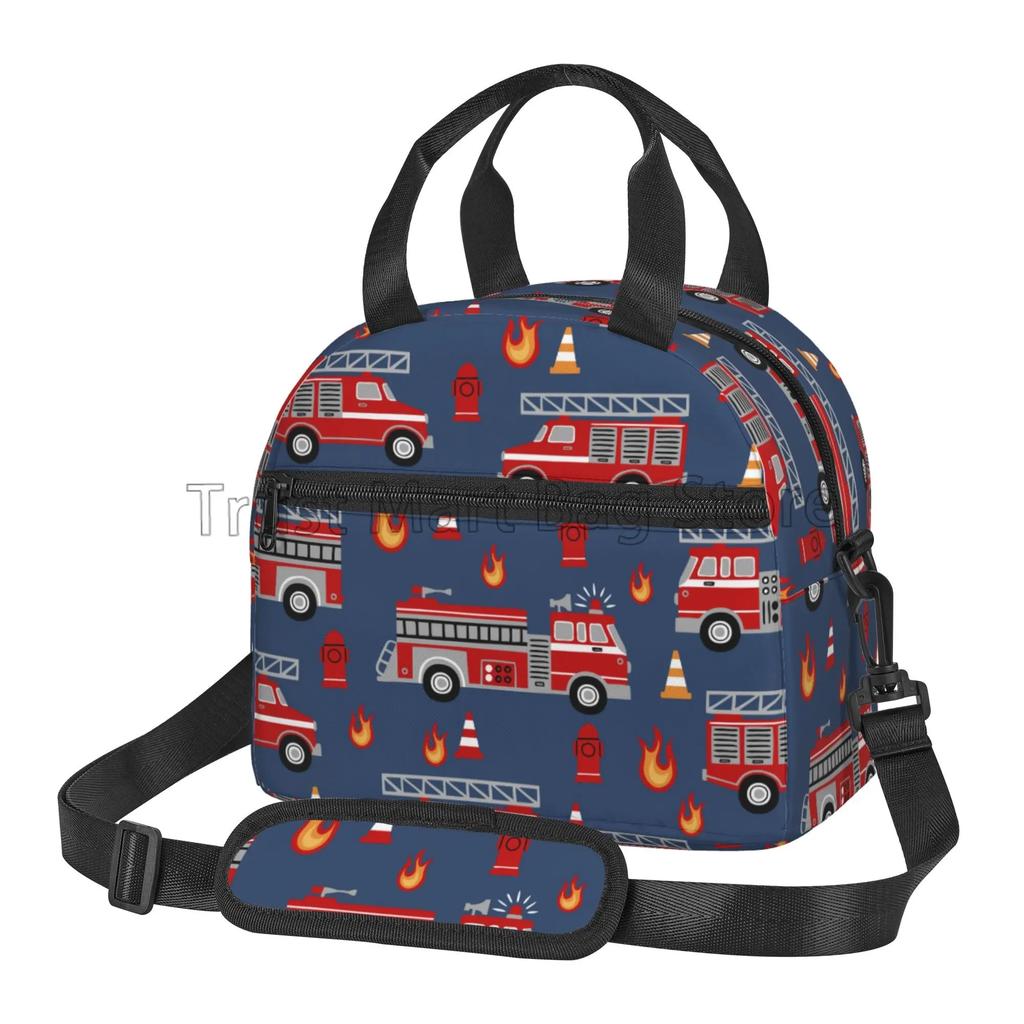 Cartoon Fire Trucks Pattern Insulated Lunch Bag Reusable Thermal Cooler Bag for Adults Kids Bento Tote Bag with Shoulder Strap