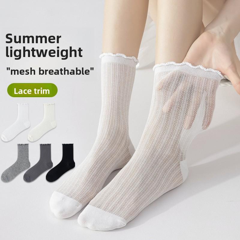 Summer Thin Black Ear-trimmed Socks, Women's Lace Breathable Mesh Breathable Women's Socks, Ballet Style Tube Pile Socks
