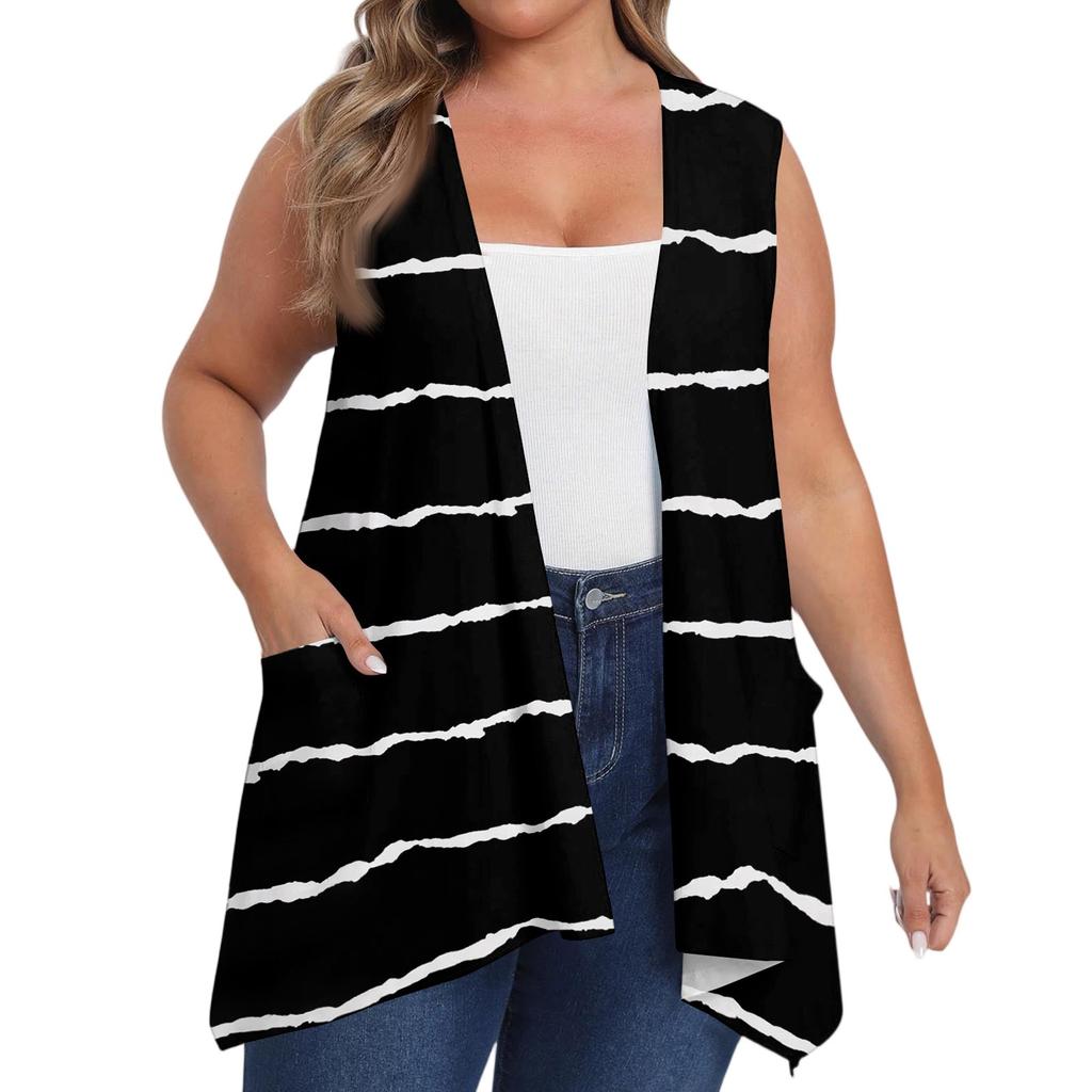 Damen Übergröße Locker Lässig Bedruckt Ärmellos Weste mit Tasche Strickjacke Jacke Strickjacke Jacke
