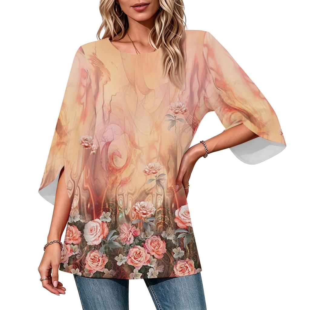 Women's Color Neck Three-Quarter Sleeve Casual Top