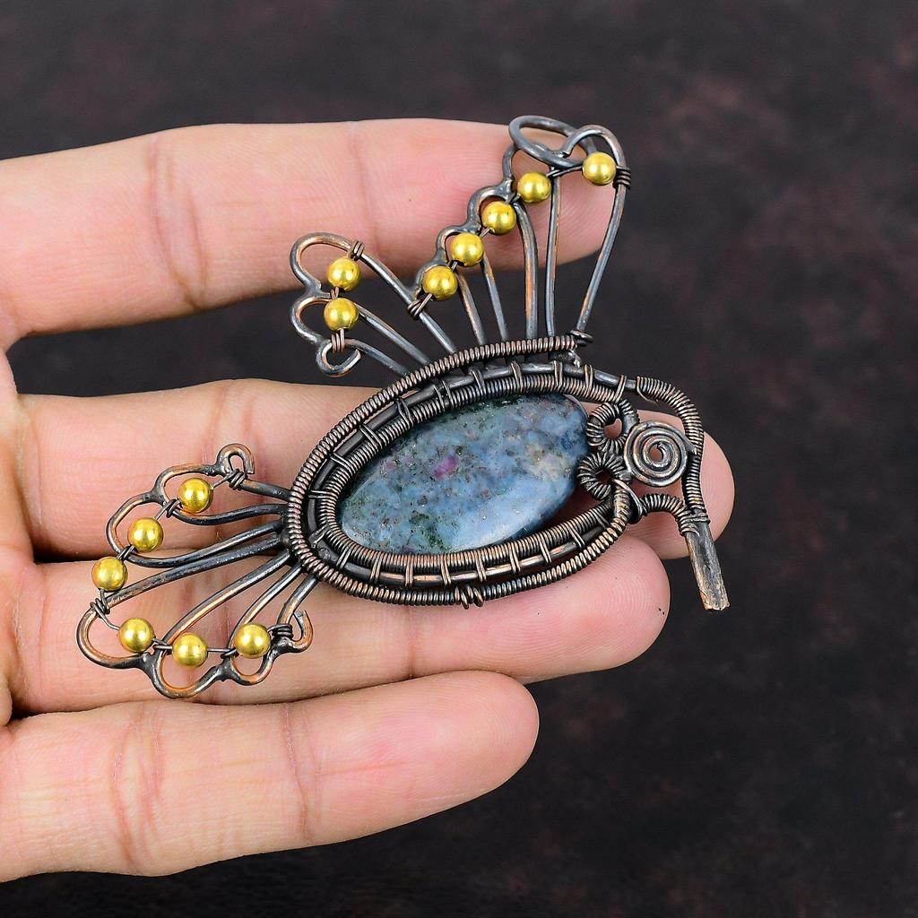 Rubin in Blau Kyanit Anhänger Kupferdraht gewickelt Anhänger Vogel Anhänger Handarbeit Designer Anhänger Edelstein Kupfer Schmuck Geschenk zur Verlobung