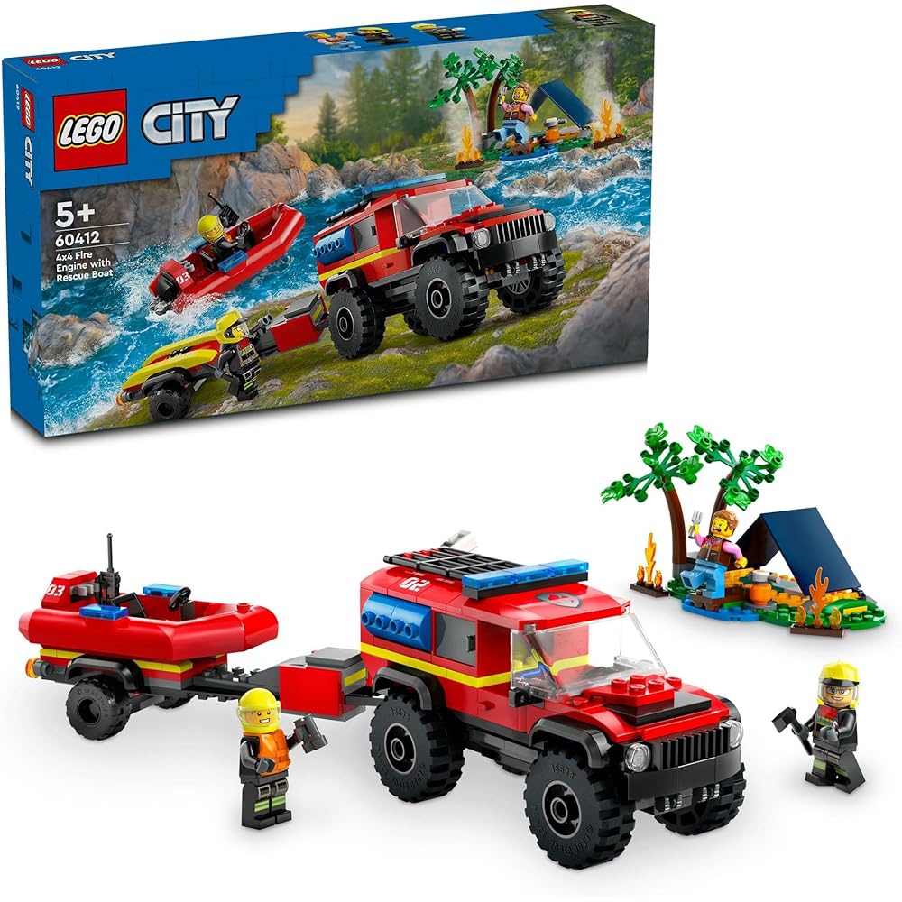 LEGO City 4WD Fire Truck and Rescue Boat Toy Set for Kids Ages 5-8 Building Blocks Vehicle