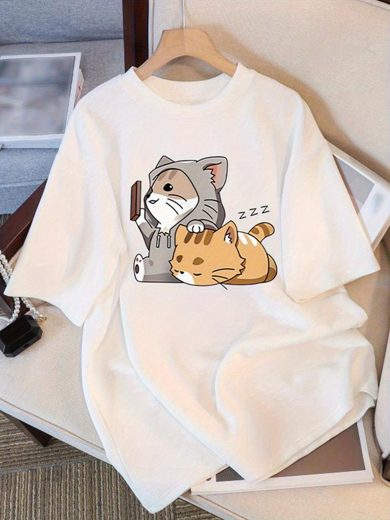 WomenS Clothing WomenS Sleeve TShirt Cute Cartoon Cat Print Round Neck Casual and Wear Cat Pattern TShirt Aesthetic Clothes