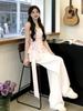 Chic Korean-Style Pink One-Shoulder Top & Jeans Set
