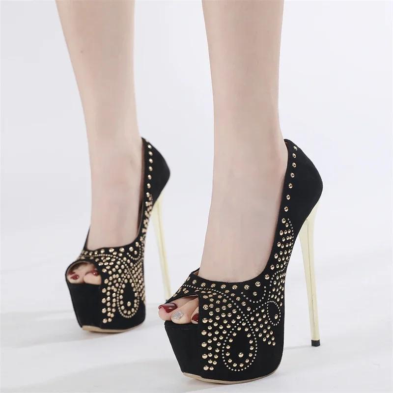 Fashion Black Rivet Design Ultra High Heel Women Pumps Sexy Peep Toe Thin High Heels Platform Stiletto High Heels Nightclub Dress Shoes