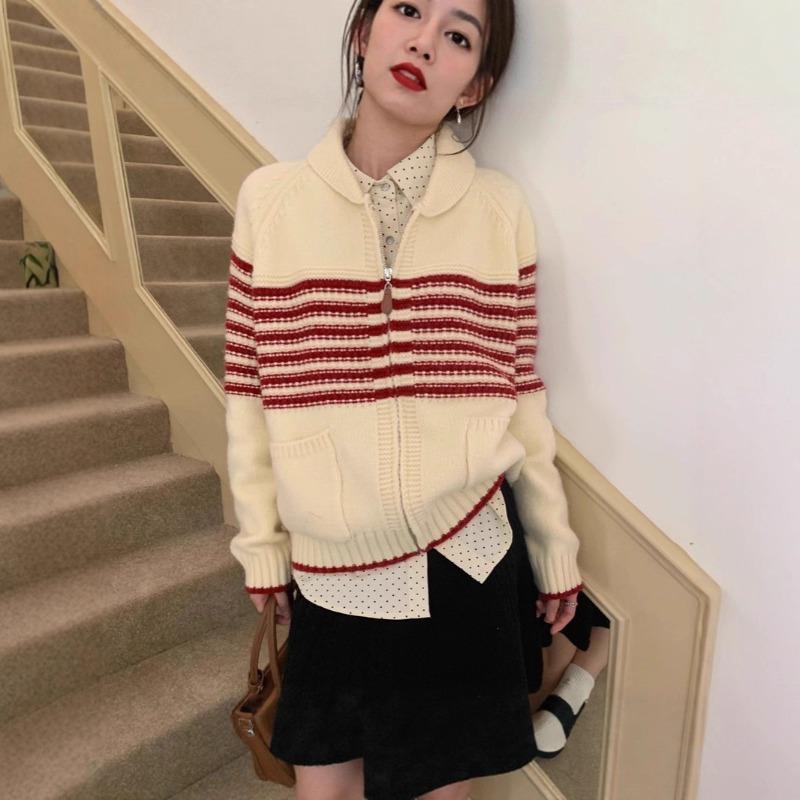 Women's knitted cardigan striped contrasting colors loose lazy wind sweater women's new long-sleeved autumn top coat