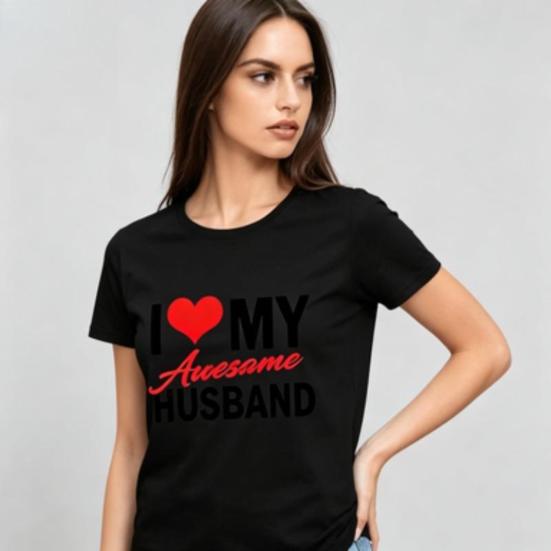 Unisex I Love My Awesome Husband Print Tshirt Matching Letter Heart Graphic Casual Short Sleeve Round Neck Tee Top White Black