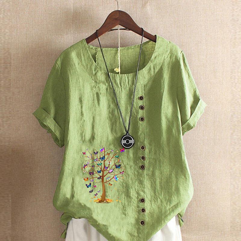 

Женская модная футболка с коротким рукавом и круглым вырезом, повседневная хлопковая льняная рубашка с рисунком, свободная летняя блузка с принтом дерева и бабочек для отдыха, топы 5XL зелёный