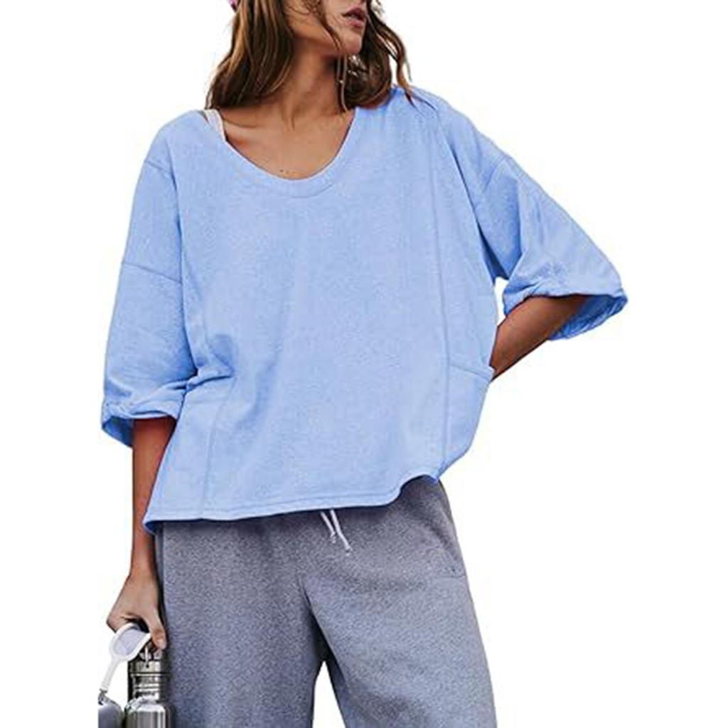 Women's U-neck Loose Seven Quarter Sleeve Patchwork Pocket Shirt