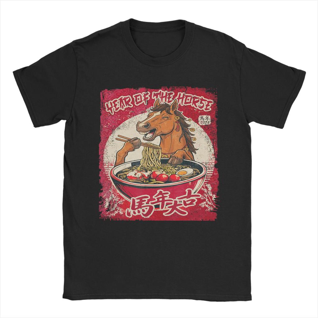 Men Year of The Horse 2026 Chinese New Year Gamer Horse Ramen T Shirts Cotton Clothing Awesome Short Sleeve Round Collar Tees