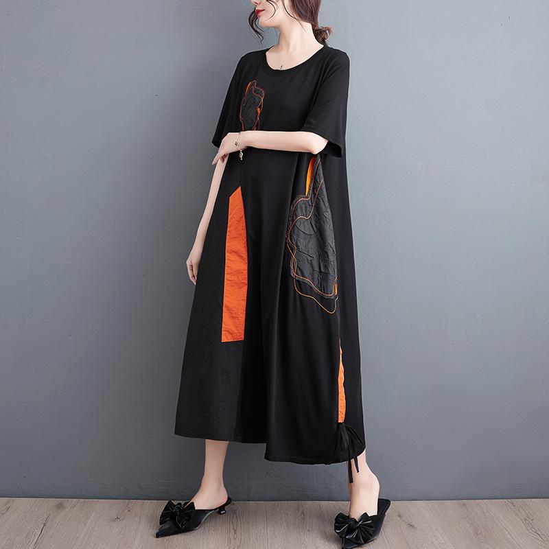 Summer New Loose Casual Embroidered Dress Color Block Hem Drawstring Slimming Women's Fashionable Artistic Clothing Dress