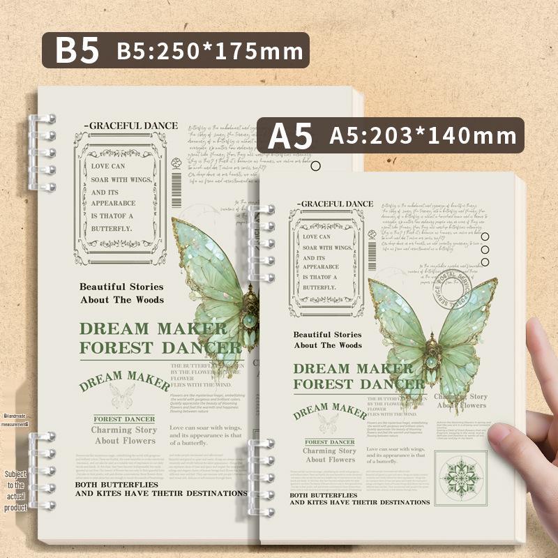 Butterfly Retro English Loose-Leaf Binder: A5 Lined Inner Core B5 Single Book with OPP Bag Packaging