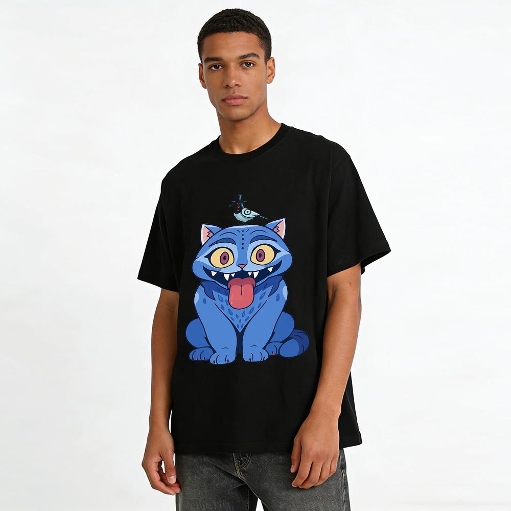 Weird Blue Cat And Bird Print Casual Top Unisex Fun Cartoon Pattern Loose Breathable Daily T-Shirt Pure cotton T-shirt