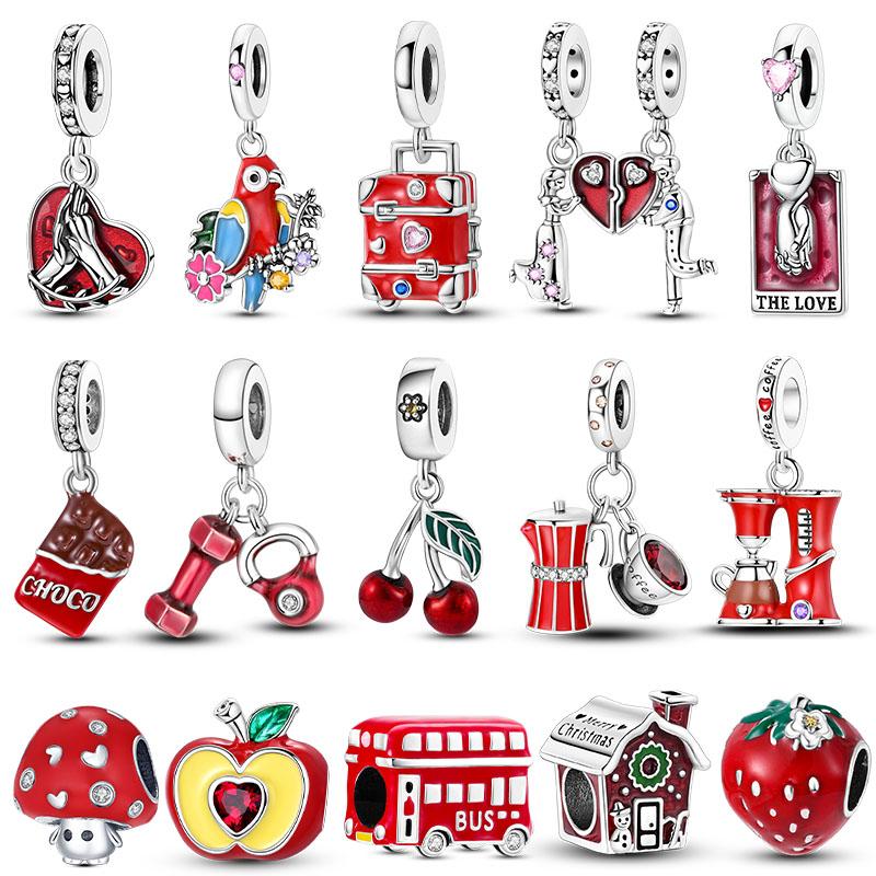 Red Series Original Charm Copper Fit Bracelet Diy For Woman Strawberry Bird Pendant Bead Fashion Jewelry