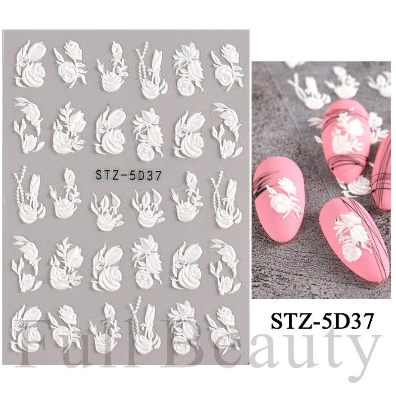 1 Sheet 5D Simple Flowers Nail Embossed Stickers Elegrant Wedding Design Adhesive Sliders Summer Textured Engraved Nail Decoration