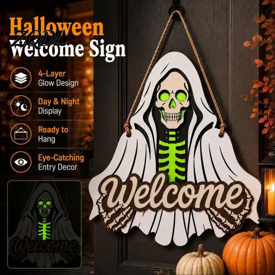 Front Porch Decoration Halloween Wooden Welcome Sign, Skeleton Reaper Irregular Door Decor, Rustic Wood Sign Wall Hanging Ornament for Home
