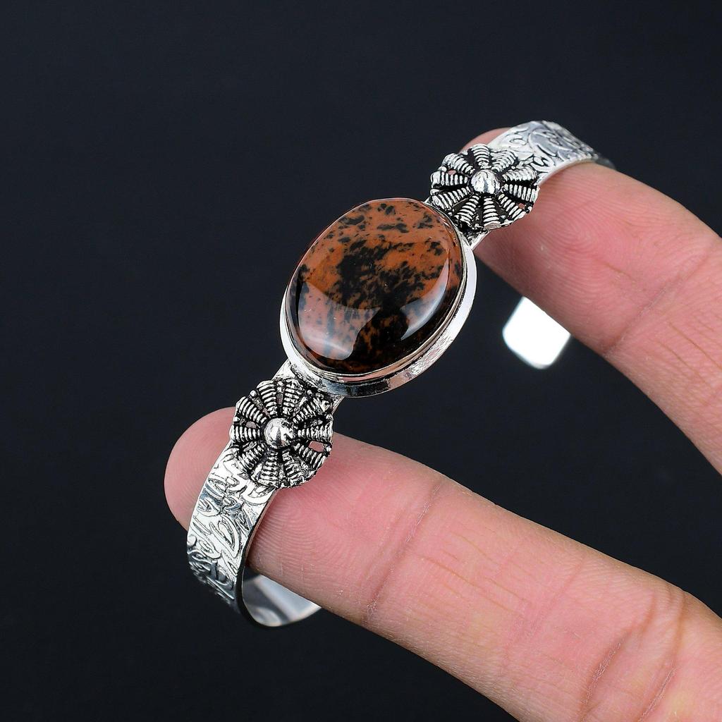 Natural Mahogany Obsidian Gemstone Bangle Adjustable 925 Silver For Women