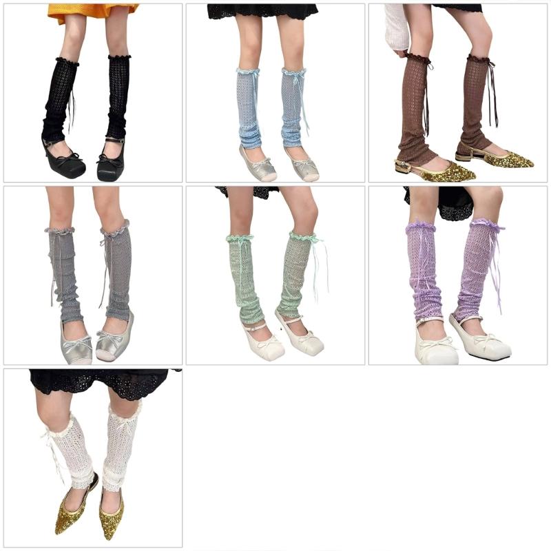 Hollowout Fishnet Lace Leg Warmers Arm Sleeves for Women Aesthetic Sheer Mesh Leg Covers with Ruffle Trim and Bowknot