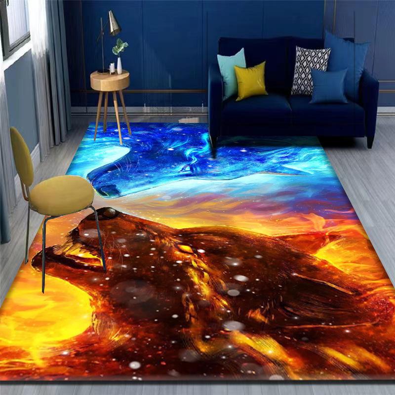 Moonlight Wolf Rug Three Wolves Howling At Full Moon Night Scene Design with Navy Sofa Yellow Chair Modern Home Decor