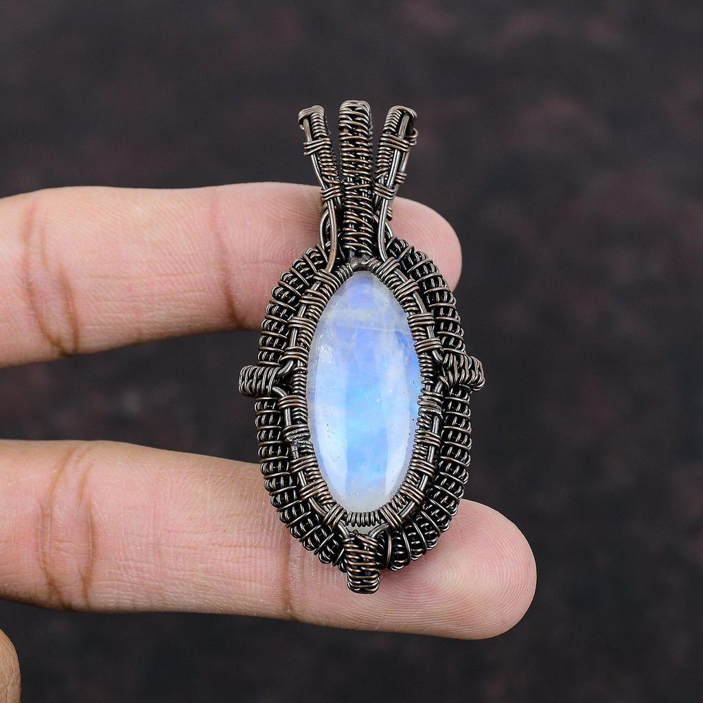 Colgante de piedra lunar arcoíris envuelto en alambre de cobre, joyería de piedras preciosas de alta calidad, colgante hecho a mano, increíble colgante de joyería de cobre para regalo