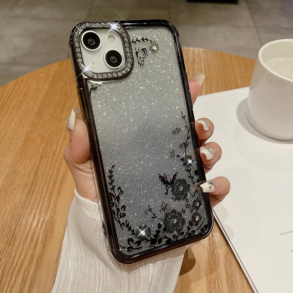 Suitable for Apple 16ProMax, Butterfly Ring Stand, Phone Case, Rhinestone, IPhone15 Electroplated Gradient Glitter Case