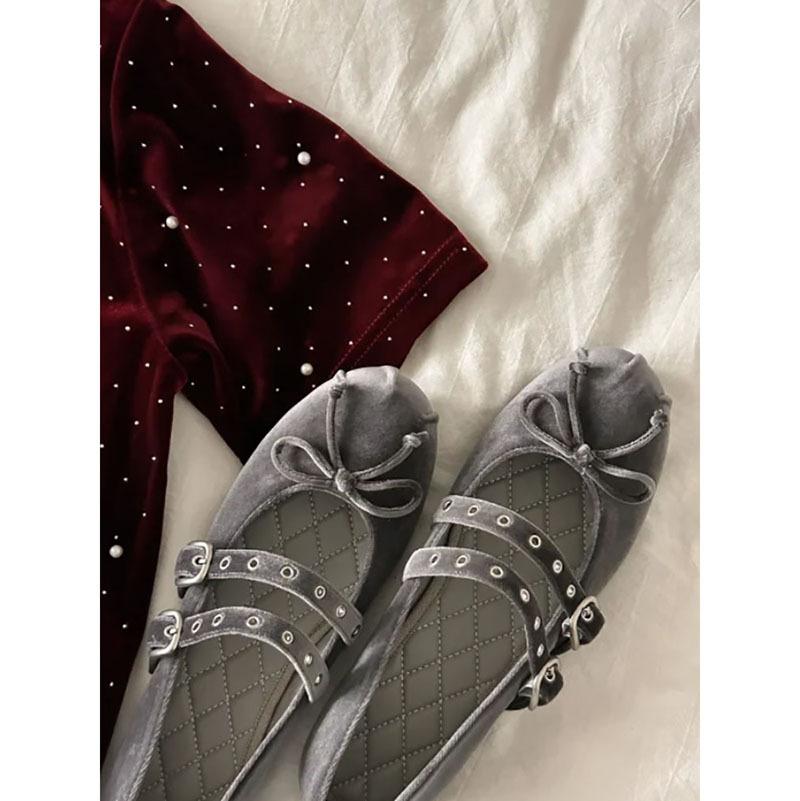 Sheepskin version~ velvet flat Mary Jane shoes women's double buckle bow ballet shoes retro single shoes