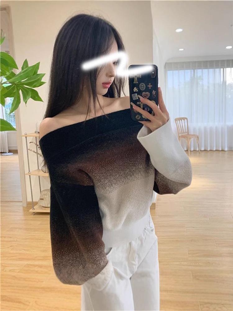 Versatile Gradient One-Shoulder Sweater - Brown/Black or Yellow/Black Color Block